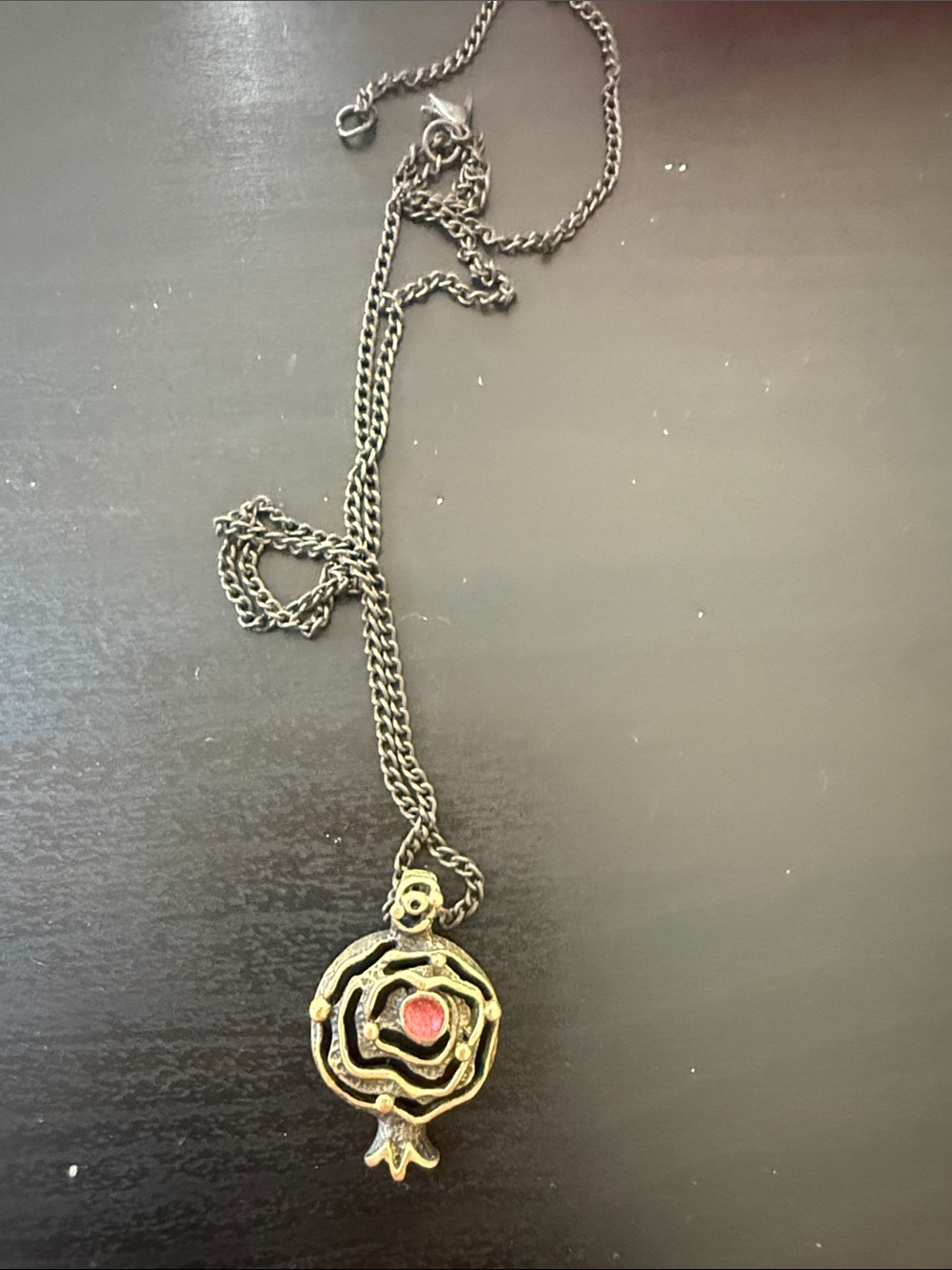 Antique Brass Rose Pendant Necklace with Red Accent